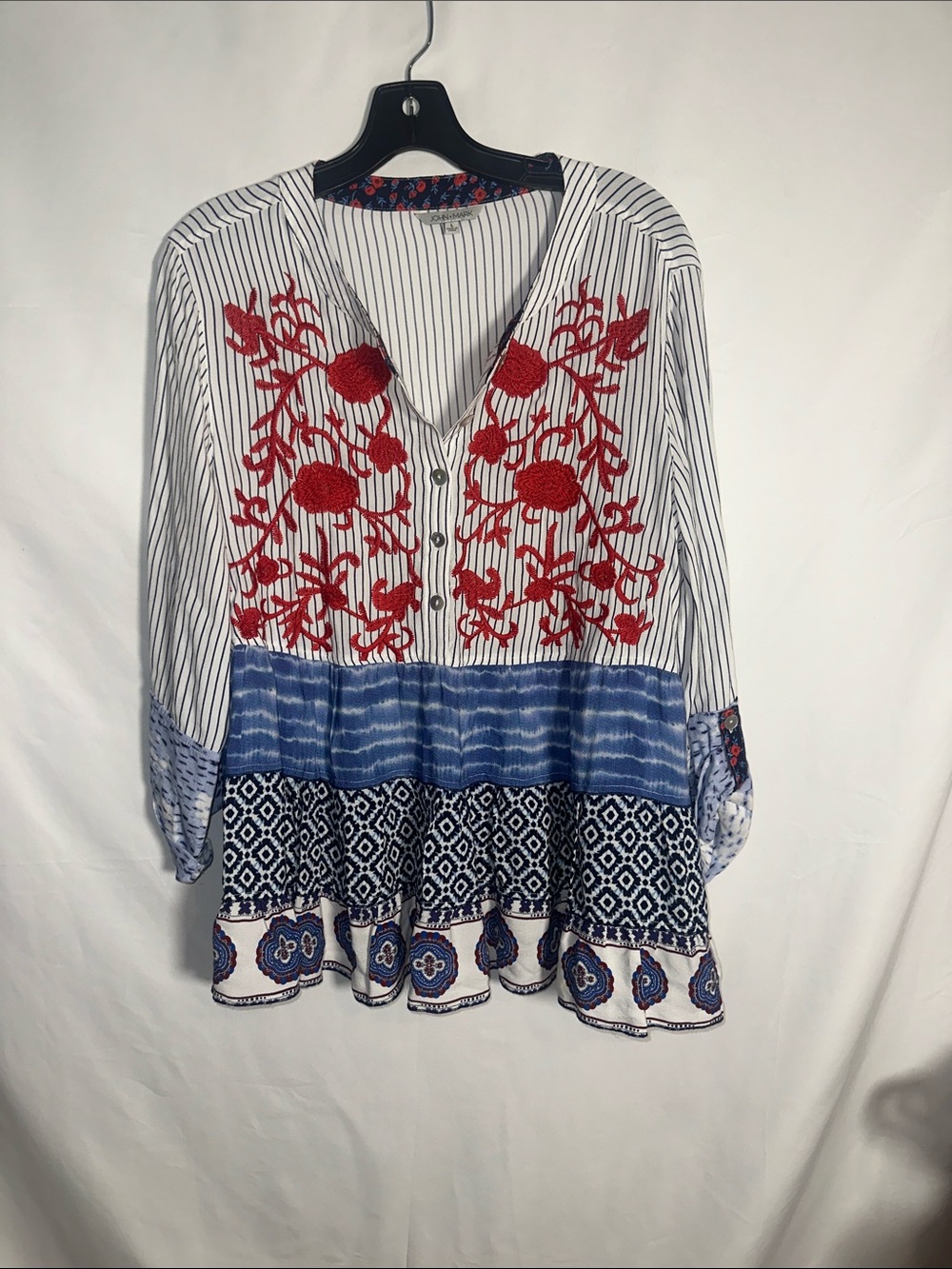 John Mark Striped Tunic with Red Floral Embroidery & Blue Mixed Prints